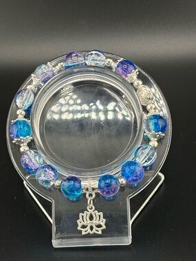 Lotus Charm Blue-Purple Glass Bead Stretch Bracelet